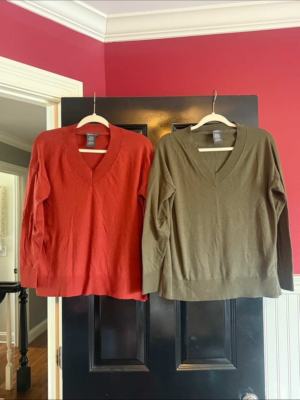 Matty M V-Neck Sweater Duo - Rust and Olive